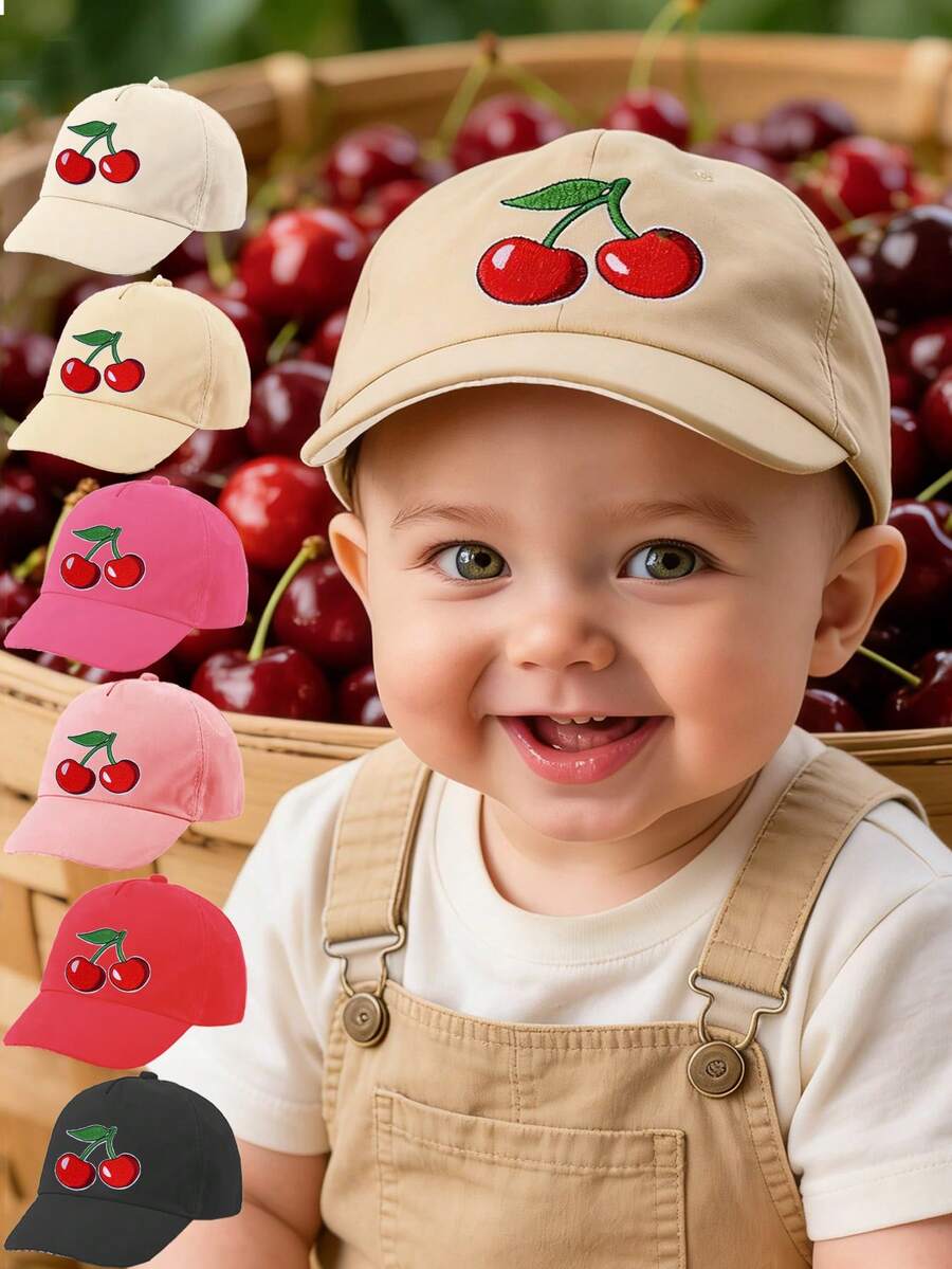 1顶婴儿幼儿可爱樱桃棒球帽，可调节后扣帽，男女童通用，适合户外旅行沙滩佩戴 - 多色 - 查看 1