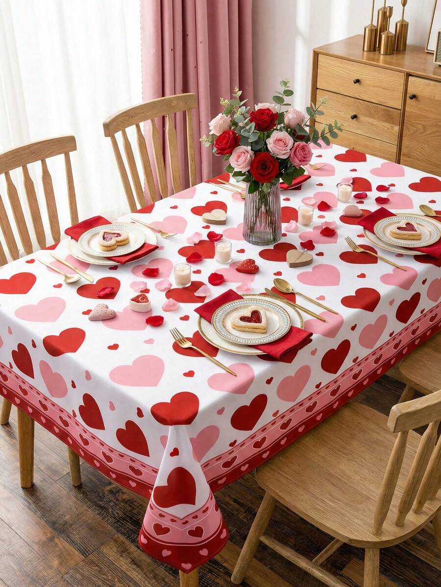 1pc Valentine's Day Tablecloth Is A Pink And Red Heart-Patterned Rectangular Polyester Tablecloth With A Romantic Holiday Style. It Features A Heart-Shaped Border And Various Heart Designs, Suitable For Home, Kitchen, And Dining Table Decorations. It's The Perfect Choice For Valentine's Day Celebrations And Romantic Dinner Decorations. Also Suitable As A Valentine's Day Gift, Home Decoration, Bridal Gift, And Valentine's Day Party Supplies. - Multicolor - View 1