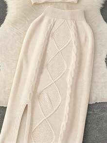 Women's Casual Elegant Fashion Commute Comfortable Office Vintage Lady Solid Color Cable Knit Sleeveless Top & Midi/Maxi Skirt Set, Suitable For Daily, Date, Beach, Early Spring/Autumn - Apricot - View 4