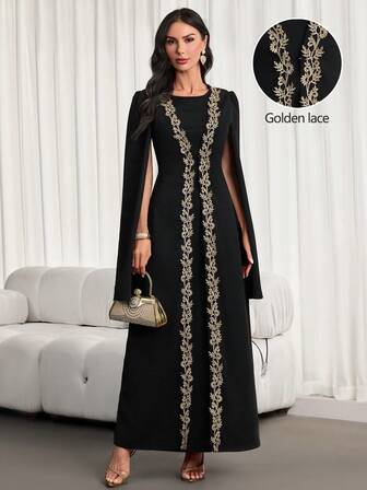 女士优雅中东风格长袍——长袖，拼接/纯色可选，蕾丝边饰，适合春秋季节、毕业典礼、派对和节日庆典等场合。