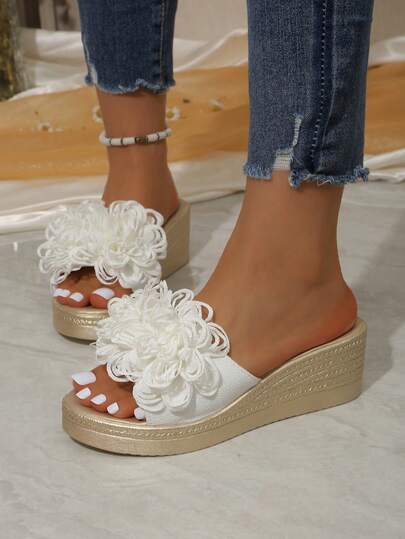 Teenage Girls' Campus Style Floral One-Strap Platform Wedge Sandals, Fashionable & Versatile For Daily Wear
