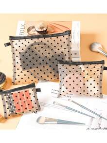 Heart Print Pattern Mesh Cosmetic Bag, Portable Makeup Bag Large Capacity Makeup Organizer Bag, Coin Purse Toiletry Bag Travel Portable Storage Bag, Small Hollow Mesh Cosmetic Bag Women - Black - View 5