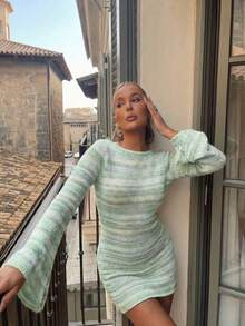 2026 Women's Spring/Summer New Fashionable Elegant French Striped Backless Knit Mini Green Dress, Suitable For Daily, Dating, Commuting, Beach Vacation, Spring Dress, Women's Valentine's Day, Summer Outfit, Women's Concert Outfit, Streetwear, Carnival Outfit, Women's Cruise Wear, Women's Beach Outfit, Women's Vacation Outfit - Mint Green - View 5