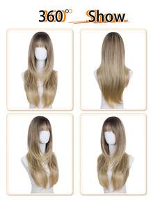 DZfirst 26 Inch Glueless Natural Black Wig For Women, With Bangs - Long Straight Layered Fashion Synthetic Hair, Pre-Bleached Lace Bangs, Realistic Scalp Design, Upgraded Premium Fiber, Wear And Go, Suitable For All Races, Wig, Easy To Wear, Elegant Hair Solution - Ombre Gold/Ombre Brown/Gold/Dark Brown/Ginger Copper - Multicolor - View 9