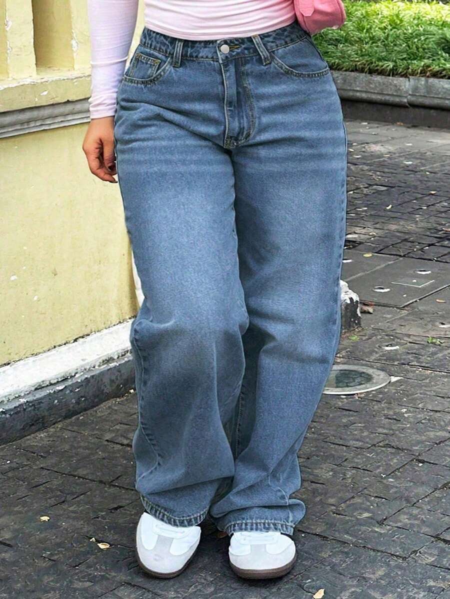 Quần jeans nữ ống đứng cạp trung - Chất liệu denim cổ điển không co giãn, kiểu dáng thường ngày đa năng. - Rửa tối - Xem 1