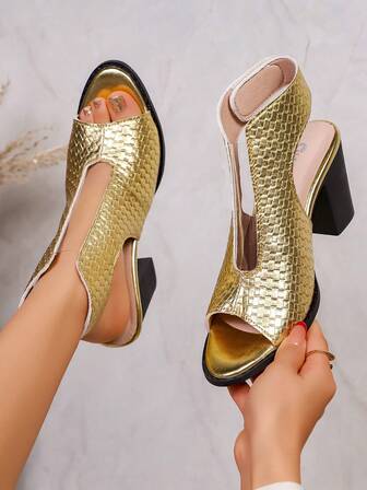 新款编织图案露趾粗跟凉鞋，简约设计，适合户外、日常、散步、购物等场合，百搭实用