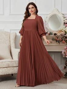 Elegant Pleated Lantern Sleeve Maxi Chiffon Bridesmaid Dress With Square Neckline And Flared Hem - Redwood - View 3