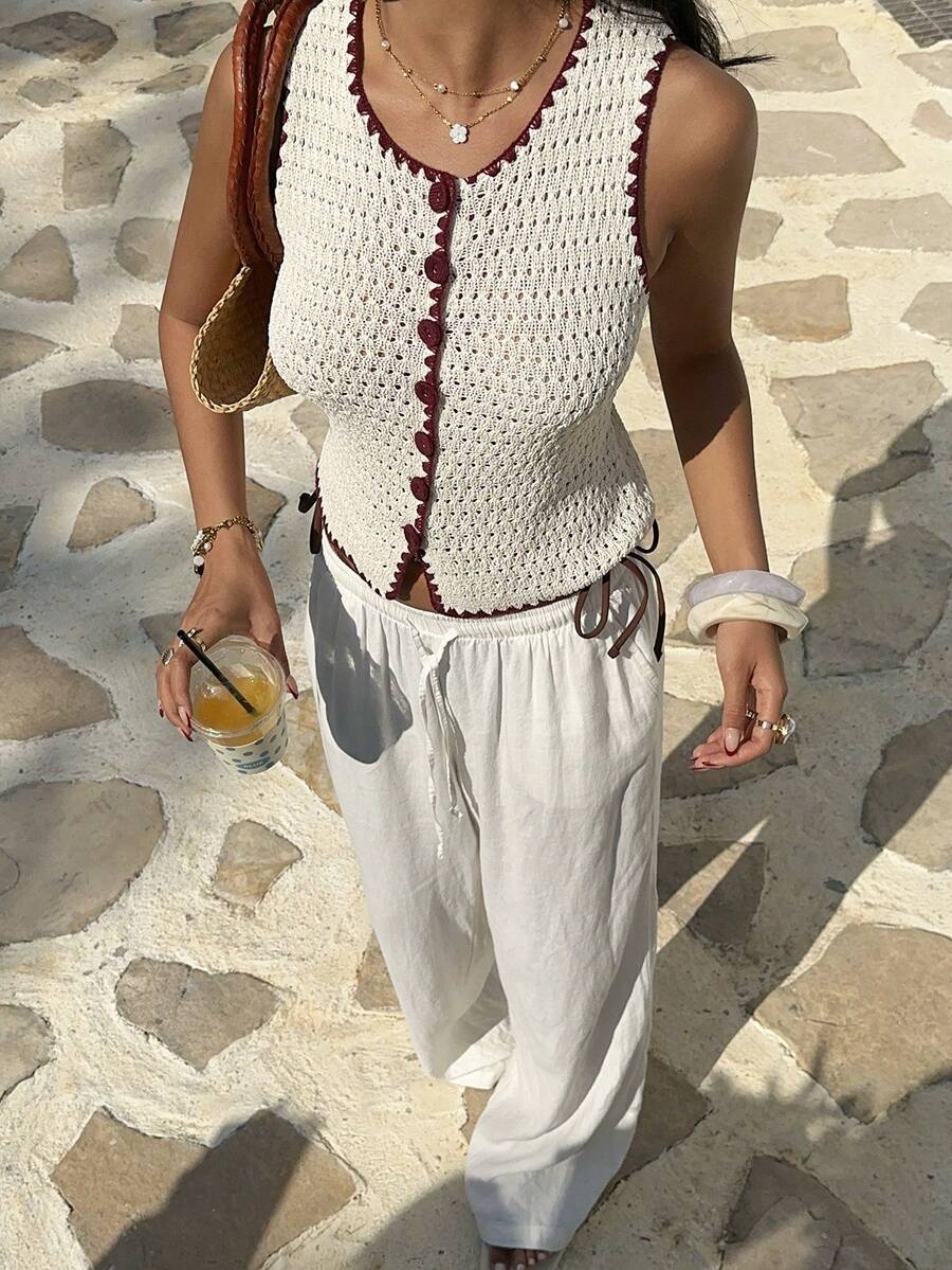 Apricot Crew Neck Sleeveless Hollow Out Contrast Color Knit Cardigan, Women's Spring/Summer New Casual Beach Holiday Vest, Fashion Leisure Elegant Party Tank Top, Solid Color Minimalist Blouse - Apricot - View 1