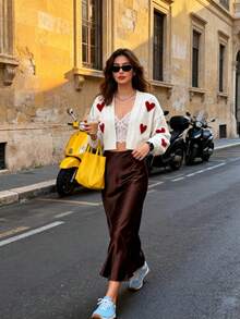 Women Knit Crop Sweater Long Sleeve Love Heart Print V-Neck Open Front Going Out Holiday Crop Cardigan - 白色 - 查看 8