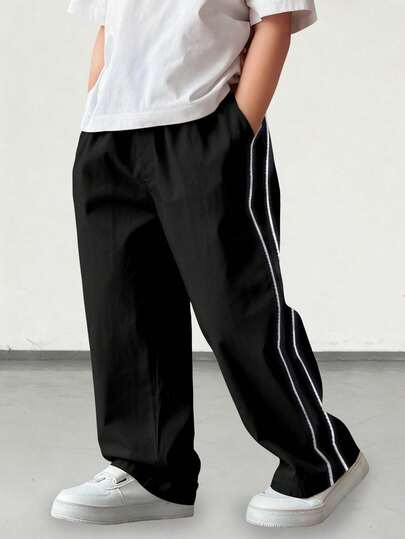 1件装 男童经典简约百搭透气纯色侧条纹休闲直筒裤