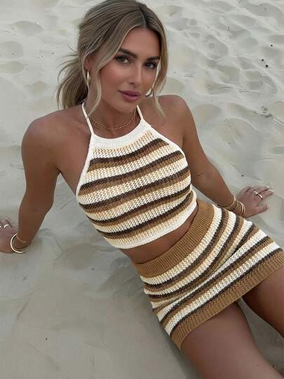 Women's Summer Striped Camisole Knit Top And Shorts Set, Vacation/Beach Outfit