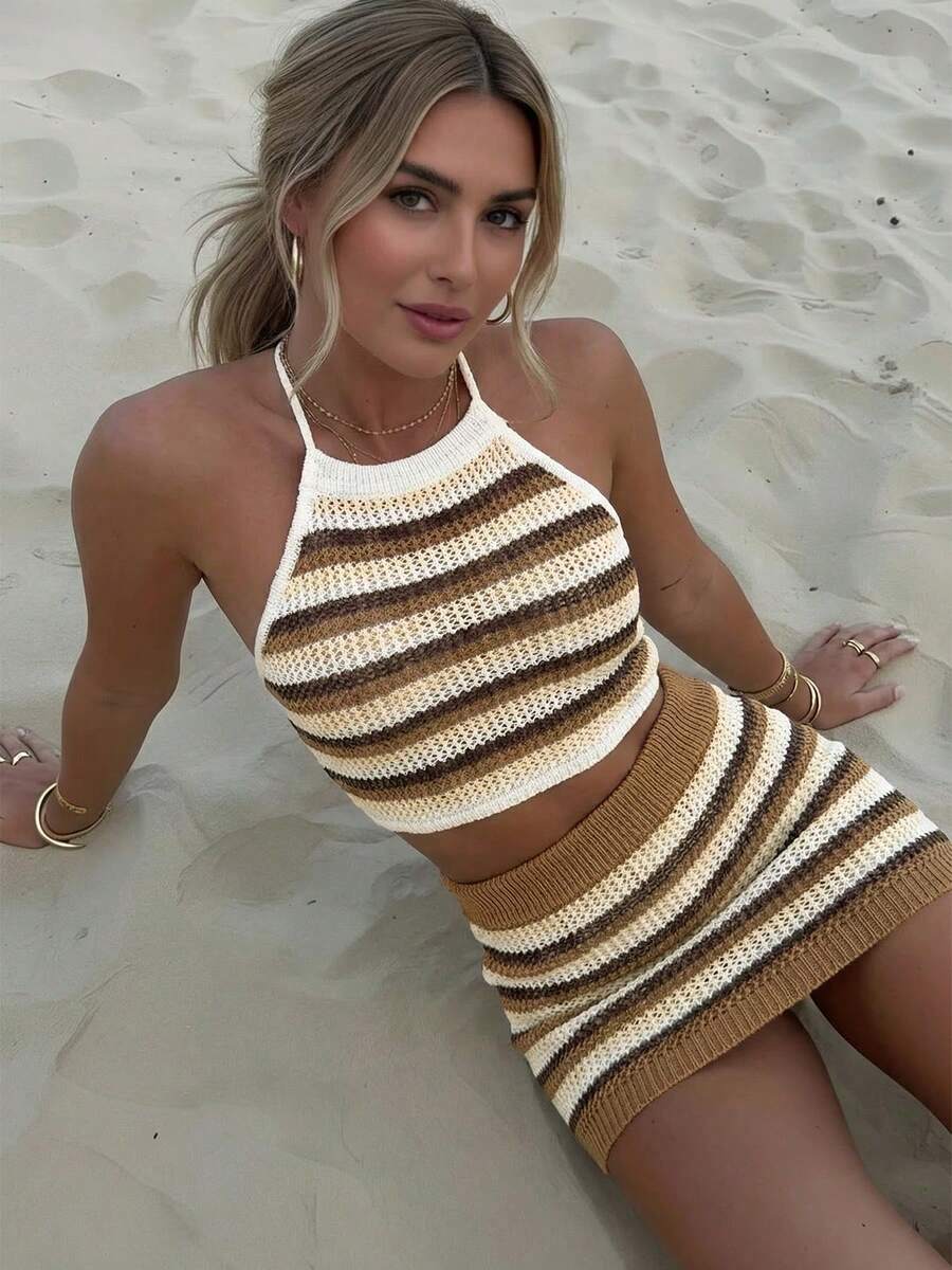 Women's Summer Striped Camisole Knit Top And Shorts Set, Vacation/Beach Outfit - Multicolor - View 1