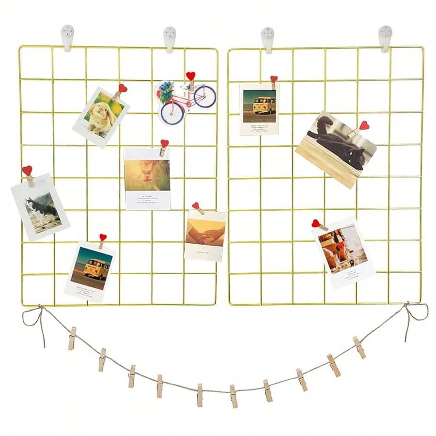 GBYAN Wall Grid 2 Pack Wire Photo Grid Panels Memo Board Wall Organizer(Gold) - Vàng - Xem 1
