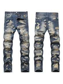 Vaqueros de mezclilla desgastados de pierna recta para hombres - Azul lavado medio - Ver 1