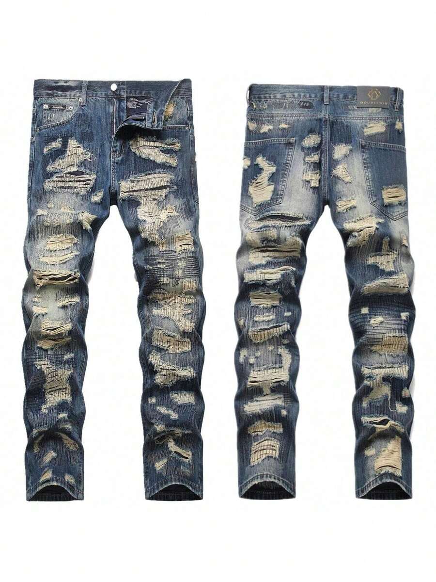 Vaqueros de mezclilla desgastados de pierna recta para hombres - Azul lavado medio - Ver 1
