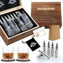 Whiskey Stones Gift Set - Whiskey Glass Set Of 2 - Granite Chilling Whiskey Rocks - Scotch Bourbon Box Set -Father's Day Birthday Gifts For Men Drinking Gift For Dad Him Husband Party Holiday Present LQ02W - 直筒玻璃杯+不鏽鋼寶石,送給老公 - 查看 1