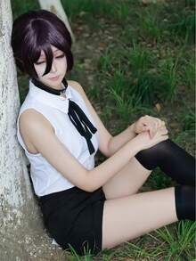 1件套Reisauce角色扮演服装，白色无袖衬衫，黑色短裤，带项圈，学生JK制服套装，动漫服装，舞台表演服装 - 白黑色 - 查看 12