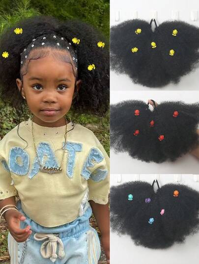 (Accessories Come In Random Colors) 1pc Kids Ponytail With Flower Clip Kids Hair Buns Afro Puff Soft Marley Kinky Bulk For Hair Girl With Elastic