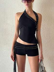 Women's Micro Shorts Low Waist Belted Rave Club Mini Shorts Low Waist Rivet Micro Shorts Slim Fit Boyshorts Goth Rave Mini Bottoms - Black - View 3