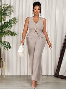 Plus Size Elegant Two Pieces Rib Knit Outfit V Neck Sleeveless Top Wide Leg Pants Set With Decorative Buttons - Light Apricot - View 1