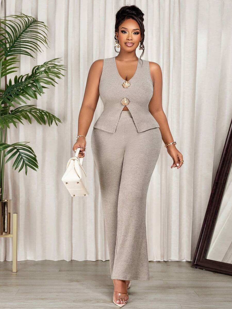 Plus Size Elegant Two Pieces Rib Knit Outfit V Neck Sleeveless Top Wide Leg Pants Set With Decorative Buttons - Light Apricot - View 1