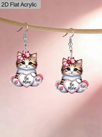 1 par de pendientes acrílicos de gato con corazón "Sé mío", pendientes acrílicos dulces con lazo de rosa rosa para mujeres, pendientes de San Valentín, pendientes de boda, pendientes festivos, regalos románticos para parejas, regalos del Día de San Valentín