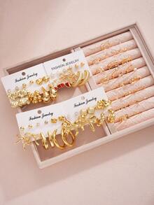 68/46/22pcs Cute Minimalist Metal Bow, Red Rhinestone, Heart, Geometric Waterdrop, C-Shape Earring Set, Faux Pearl Ring Set, Suitable For Women, Vacation, Date, Valentine's Day Gift, Daily Wear - Yellow Gold - View 4