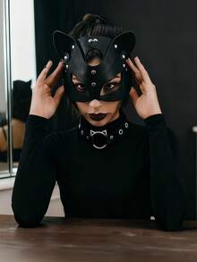 2件套朋克风猫脸面具，猫耳项圈角色扮演面具套装，可调节面具，适合派对服装、化装舞会和万圣节