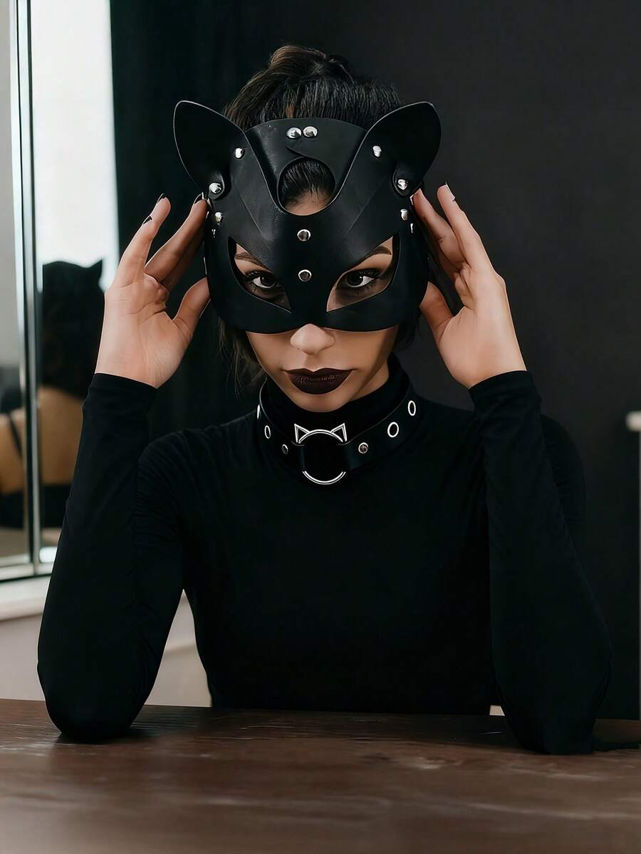 2件套朋克风猫脸面具，猫耳项圈角色扮演面具套装，可调节面具，适合派对服装、化装舞会和万圣节