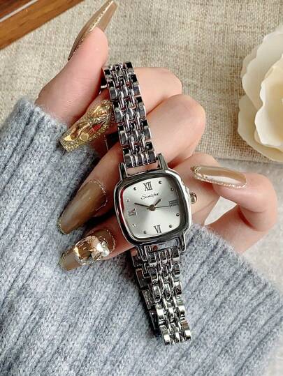 SUNLIFEX 1件装复古银色不锈钢方形小表盘女士腕表，时尚简约优雅奢华小巧石英女士腕表，适合日常佩戴、派对及其他场合。