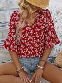 树叶印花免烫荷叶边V领度假沙滩上衣 - 玫紅色 - 查看 1