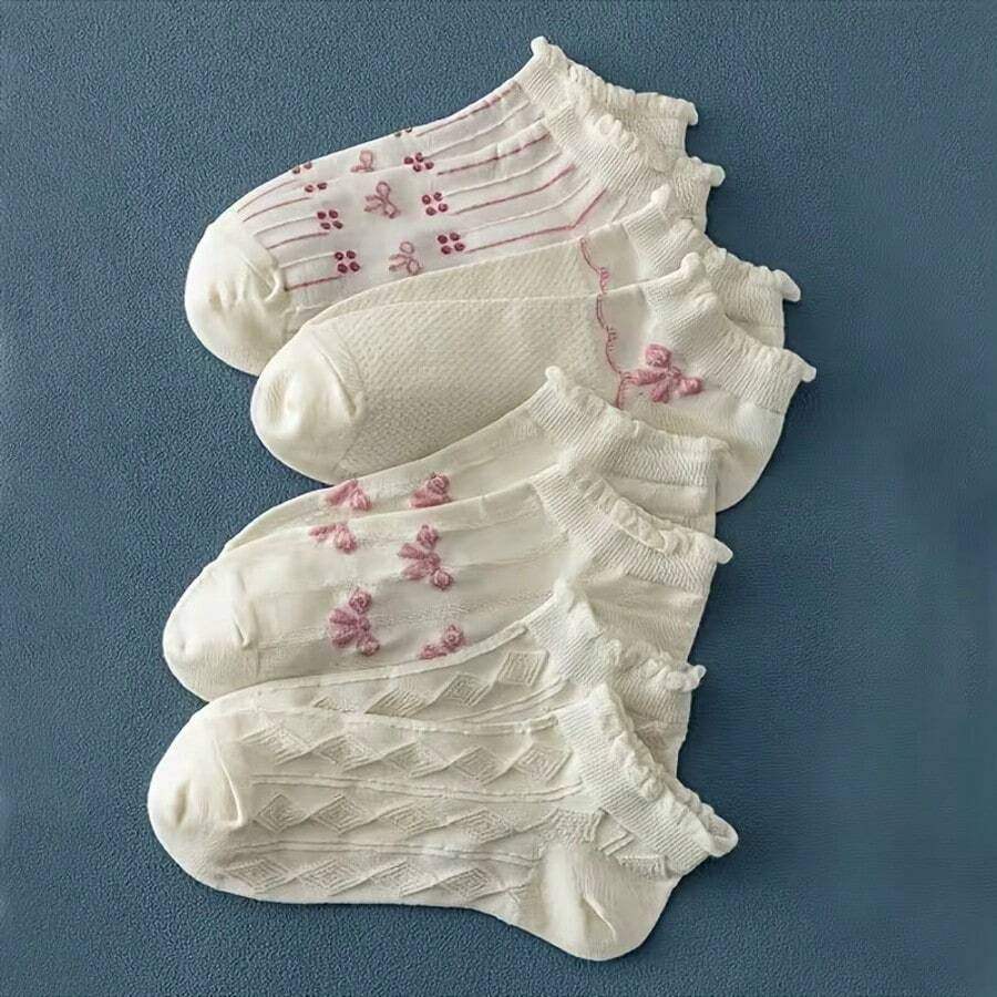 5 Pairs Breathable Moisture-Wicking Simple Solid Black White Grey Soft Comfortable Unisex Ankle Socks, Spring/Summer - Multicolor - View 1