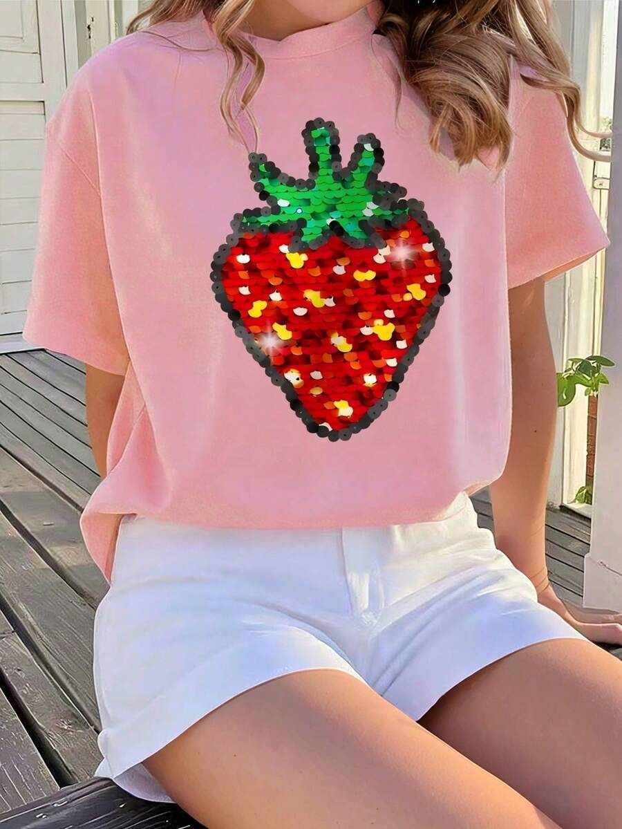 Tween Girls' Cartoon Print Loose Fit Drop Shoulder Short Sleeve T-Shirts - Pink - View 1