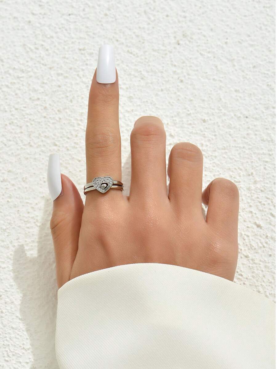 2pcs/Set Adjustable Unique Heart-Shaped Lock Ring For Women - Silver - View 1