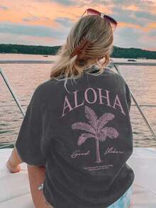 2026 Summer Shirts Women's New Palm Tree Slogan Print Casual Round Neck Short Sleeve T-Shirt, Fashionable Resort Style, Your Daily Essential Item. Gr - 深灰色 - 查看 3
