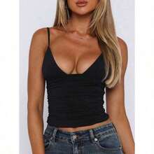 Piece Black Deep V-Neck Spaghetti Strap Tank, Sexy Elegant Bodycon Sleeveless Top For Women, Perfect For Date Night, Evening Party And Summer Outfits - 黑色 - 查看 7