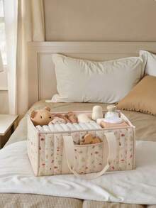 1个花卉图案尿布收纳篮，时尚婴儿房收纳篮 - 婴儿洗礼礼物，必备婴儿用品，新生儿必需品，婴儿整理篮（花卉图案位置随机） - Woodland Cream - 查看 2