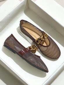 大码女士棕色平底芭蕾舞鞋，透气网眼亮片链条装饰玛丽珍鞋，时尚镂空网眼套脚乐福鞋，适合户外行走，春夏款 - 棕色 - 查看 4