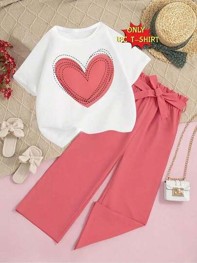 Camiseta 100% Algodón, Patrón de Corazón Rosa, Camiseta de una sola pieza para niña - Mezcla de poliéster suave, manga corta, cuello redondo - Moda casual, ajuste cómodo tipo pullover para niños - Elección perfecta para primavera, verano y otoño, ropa de moda solo camiseta, sin pantalones, no es un conjunto, adecuado para combinar con shorts para niños y niñas, múltiples tamaños disponibles