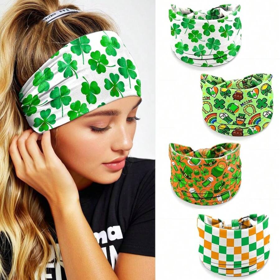 4 Pcs St. Patrick's Day Headbands For Women, Green Orange Wide Turban Dress Up Costume Breathable Stretchy Non Slip Head Wrap, Clover Grid Holiday Spring Summer Hair Band For Yoga Running Party - Green - 查看 1