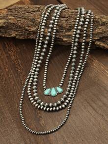 4-Layer Beaded Necklace, Fashionable Unisex Statement Long Necklace - Antique Silver - View 4