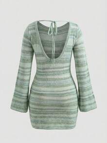 2026 Women's Spring/Summer New Fashionable Elegant French Striped Backless Knit Mini Green Dress, Suitable For Daily, Dating, Commuting, Beach Vacation, Spring Dress, Women's Valentine's Day, Summer Outfit, Women's Concert Outfit, Streetwear, Carnival Outfit, Women's Cruise Wear, Women's Beach Outfit, Women's Vacation Outfit - Mint Green - View 7