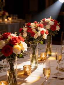 红白人造迷你玫瑰花束 - 非常适合新年餐桌装饰、浪漫情人节礼物、婚礼花束、家居和办公室装饰、节日派对装饰以及日常客厅/窗户装饰。 - 彩色 - 查看 5