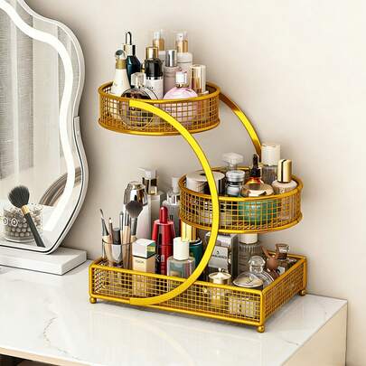 1 Piece 3 Tier Round Metal Storage Rack - No Assembly Required, Polished Surface, Multi-Tier Metal Cosmetic Organizer Modern Storage Rack For Skincare Products Lipstick Bathroom Countertops No Tools Required, Fruit And Vegetable Basket, Kitchen Storage Solutions | Fashion Organizer | Mesh Design, Kitchen Organizer And Storage Home Daily Perfect Gift