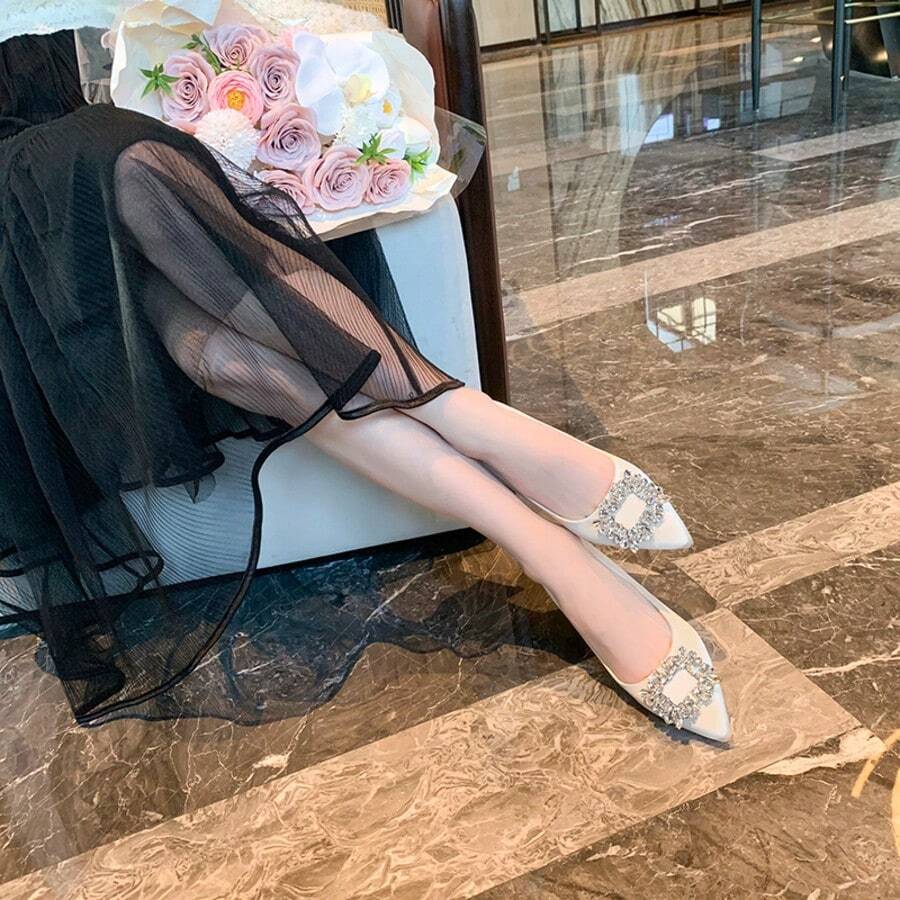 1 Pair Women's Pointed Toe Thick Heel High Heels, French Elegant Style, Suitable For Spring/Autumn, Wedding, Party, Office Commute - Apricot - View 1