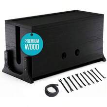 Large Management Box, Wood Cord Hider Box Organizer Power Strip, TV Wires Desk Storage - 黑化金合歡 - 查看 2