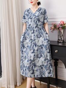 FANMUER New Fashionable All-Over Print Casual Bohemian Pocket Elegant Women Dress - Blue - View 2