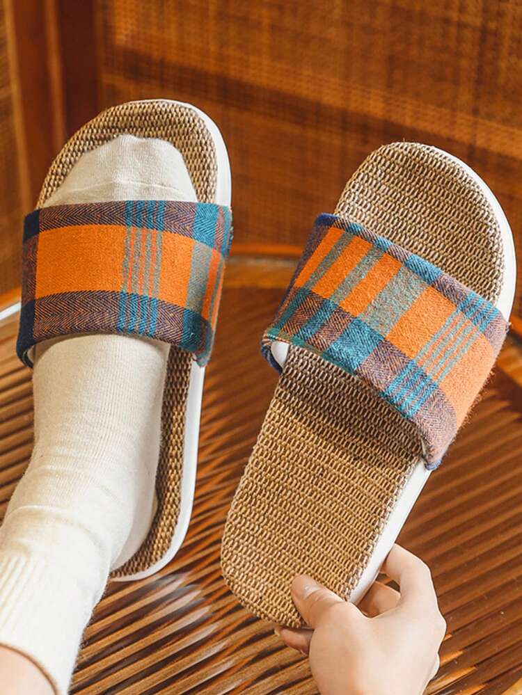 1 Pair Women's Casual Versatile Houndstooth & Plaid Pattern Slippers, Soft Bottom Comfortable Lightweight Slip-On House Slippers, Suitable For Indoor And Outdoor Wear, All Seasons - Orange - View 2