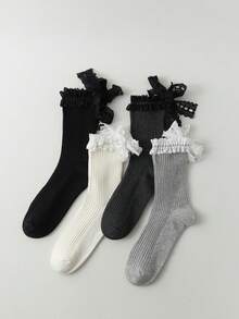 1双日式甜美蕾丝边饰长袜，蝴蝶结系带纯色芭蕾长袜，女士款 - 彩色 - 查看 1