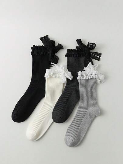 1双日式甜美蕾丝边饰长袜，蝴蝶结系带纯色芭蕾长袜，女士款